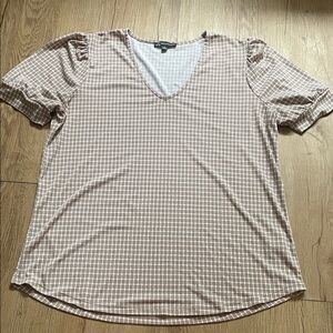 Adrianna Papell Checkered V-Neck Blouse - Tan